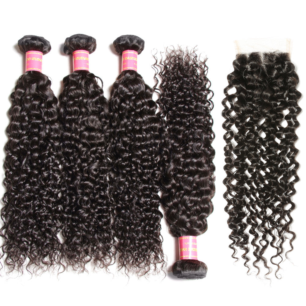 Malaysian Curly Hair 4 Bundles with 1pcs Lace Closure, 100% Peruvian Human Hair Weave - Sunberhair