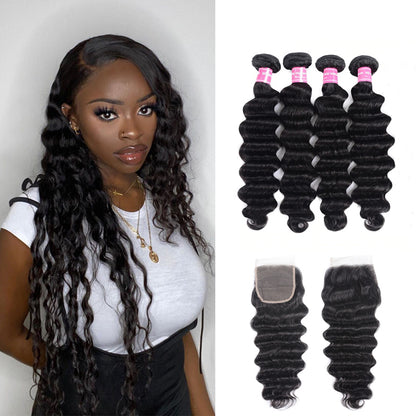 Sunber Loose Deep Wave 4 Bundles With 4x4 Lace Closure Free Part Natural Black Color