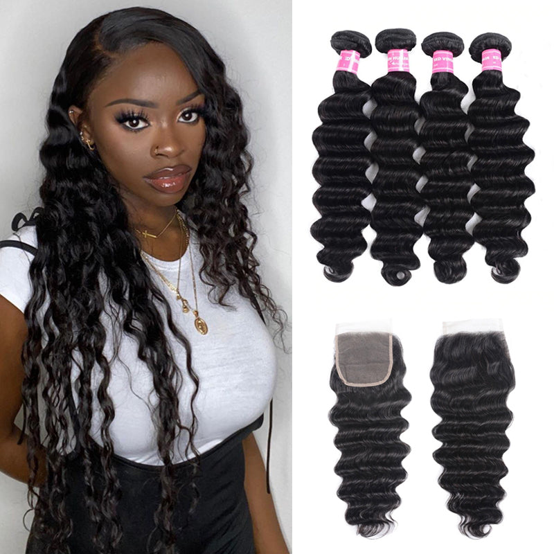 Sunber Loose Deep Wave 4 Bundles With 4x4 Lace Closure Free Part Natural Black Color