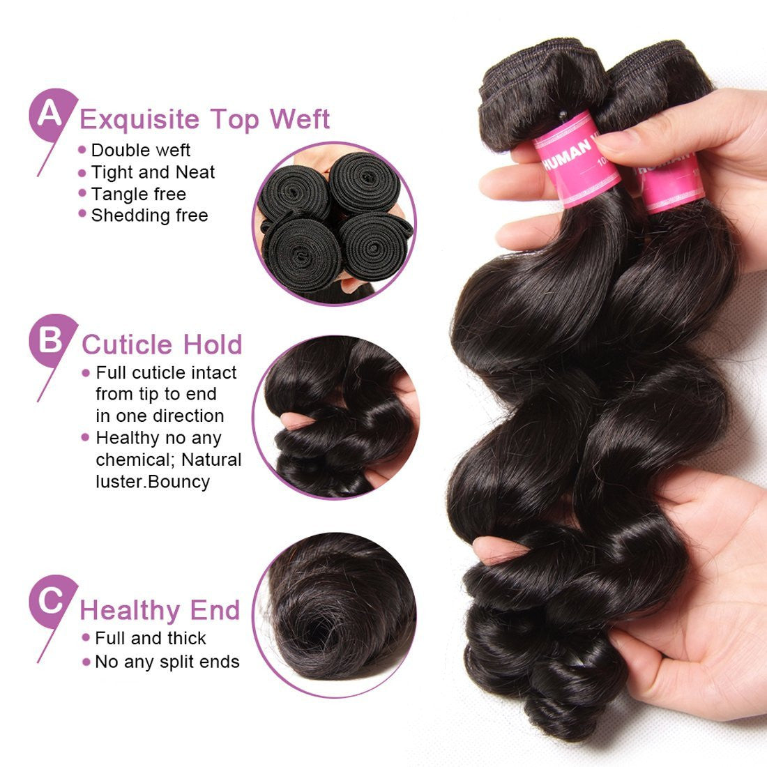 Brazilian Virgin Loose Wave Hair 3 Bundles with 4*4 Lace Closure, 100% 7A Virgin Hair Bundles - Sunberhair