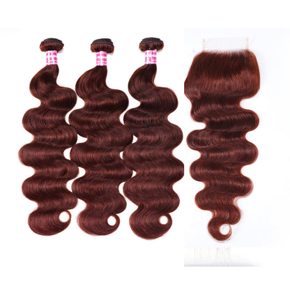 Sunber Hair Reddish Brown Body Wave Human Hair 3Bundles with 4x4 Lace Closure