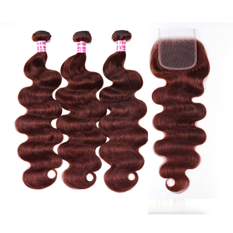 Sunber Hair Reddish Brown Body Wave Human Hair 3Bundles with 4x4 Lace Closure