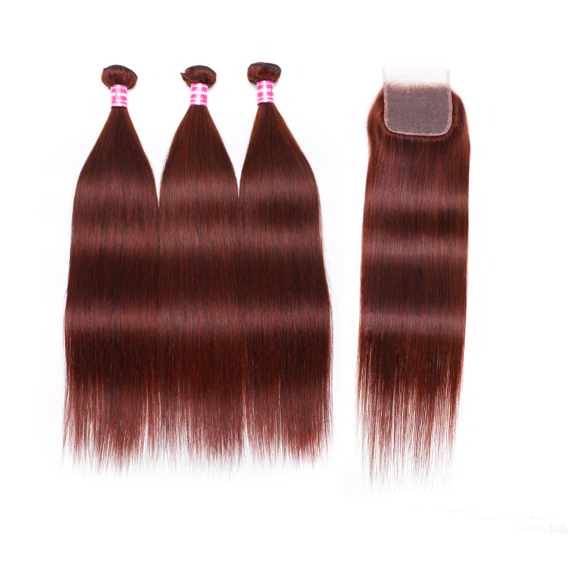 Sunber Hair Reddish Brown Straight Human Hair 3Bundles with 4x4 Lace Closure