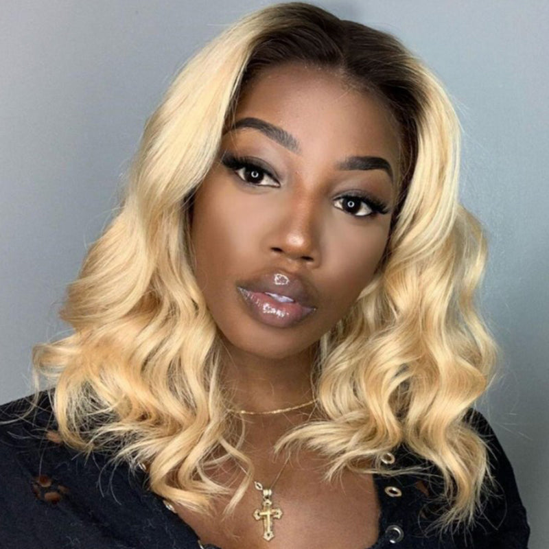 Golden blonde shops loose wave brown root bob h.d lace front wig