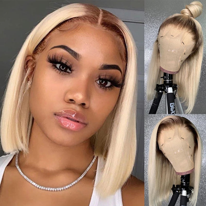 【180% Density】Flash Sale Sunber Blonde 13x4 Lace Front Straight Bob Wig With Dark Roots