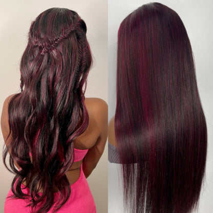 Flash Sale Sunber Dark And Burgundy Highlights 13x4 Lace Front Wigs With Straight Human Hair