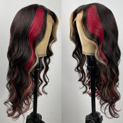 BOGO Sunber Black Hair With Blonde Red Highlights Body Wave 13x4 Lace Front Wig With Multi Color Highlights Human Hair