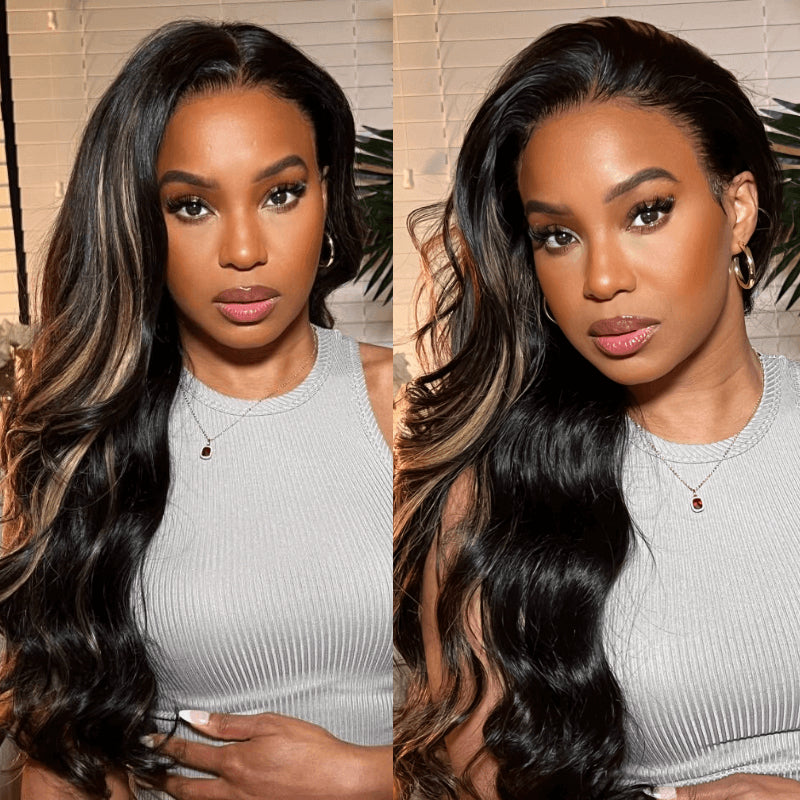 $100 OFF| Sunber 7x5 Pre-Cut Lace Chocolate Brown With Peek A Boo Blonde Highlights Bye Bye Knots Body Wave 13*4 Lace Frontal Wig