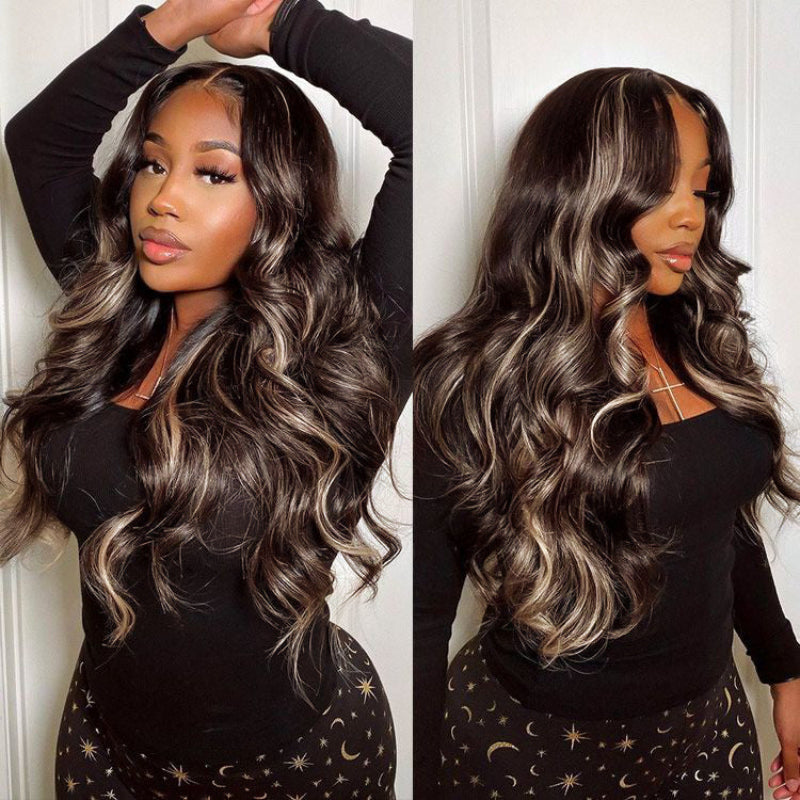 $100 OFF| Sunber 7x5 Pre-Cut Lace Chocolate Brown With Peek A Boo Blonde Highlights Bye Bye Knots Body Wave 13*4 Lace Frontal Wig