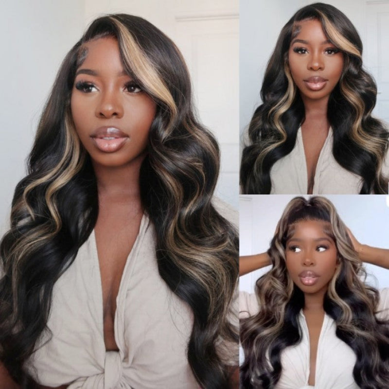 $100 OFF| Sunber 7x5 Pre-Cut Lace Chocolate Brown With Peek A Boo Blonde Highlights Bye Bye Knots Body Wave 13*4 Lace Frontal Wig