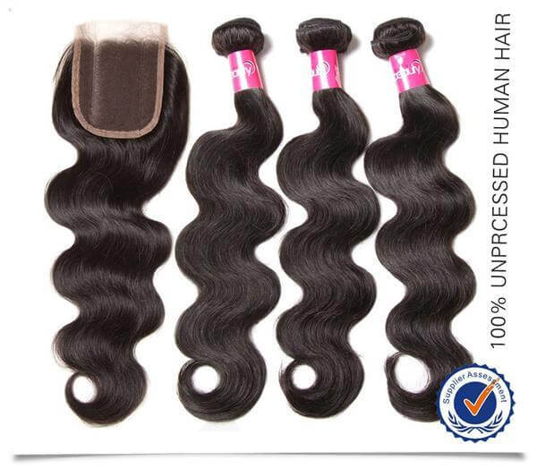 Peruvian Virgin Hair Body Wave 3 Bundles With 4*4 Free/Middle/3 Part Lace Closure - Sunberhair