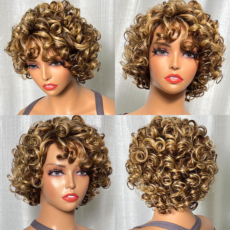 BOGO Sunber Big Curly Fluffy Brown Mixed Blonde Glueless Short Bob Wigs With Bangs