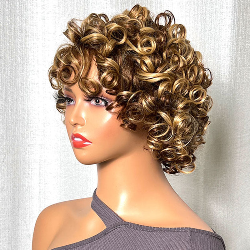 BOGO Sunber Big Curly Fluffy Brown Mixed Blonde Glueless Short Bob Wigs With Bangs