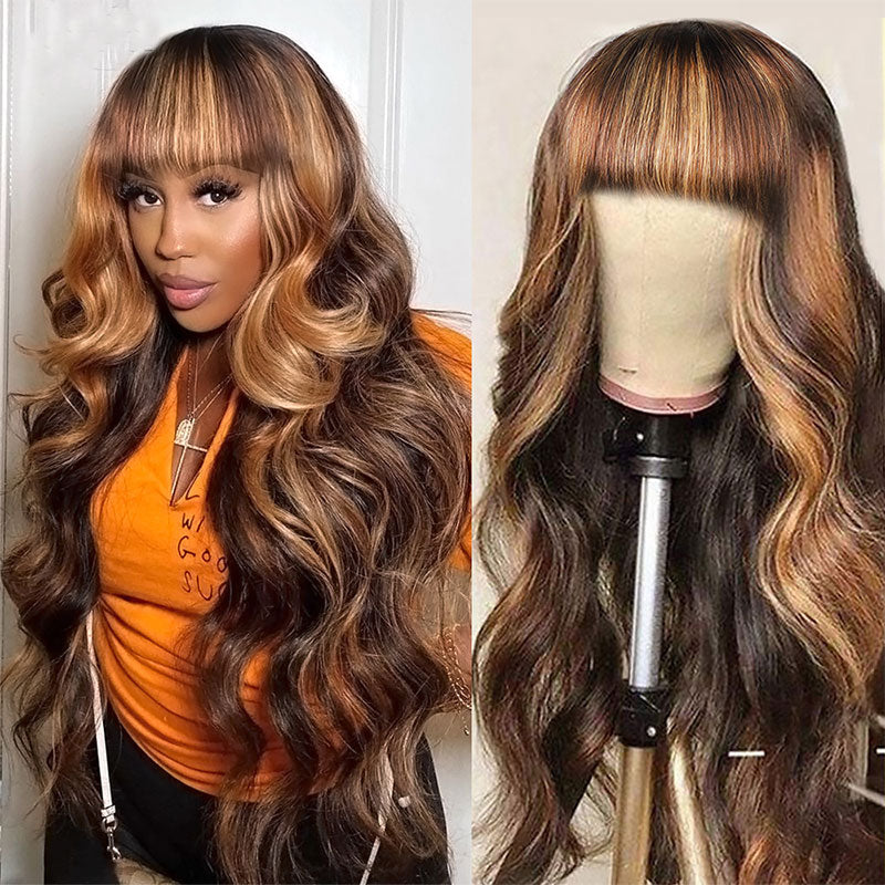 Sunber Honey Blond Highlight 13X4 Human Hair Wig With Bangs Body Wave Virgin Human Hair