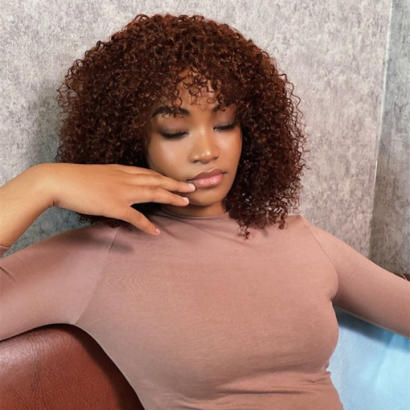 Sunber Reddish Brown Jerry curly Short Bob Wigs With Bang