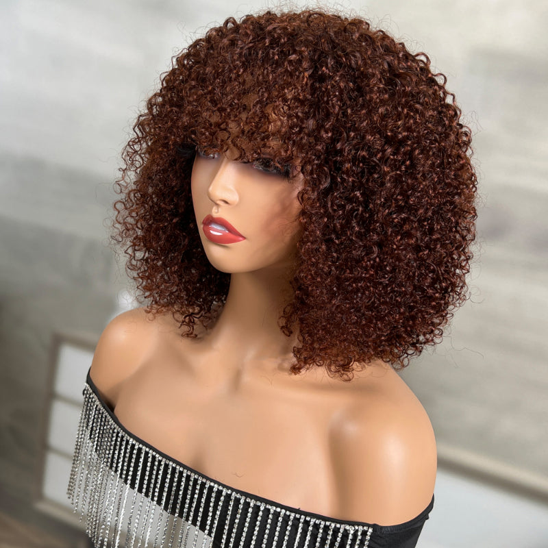 Sunber Reddish Brown Jerry curly Short Bob Wigs With Bang