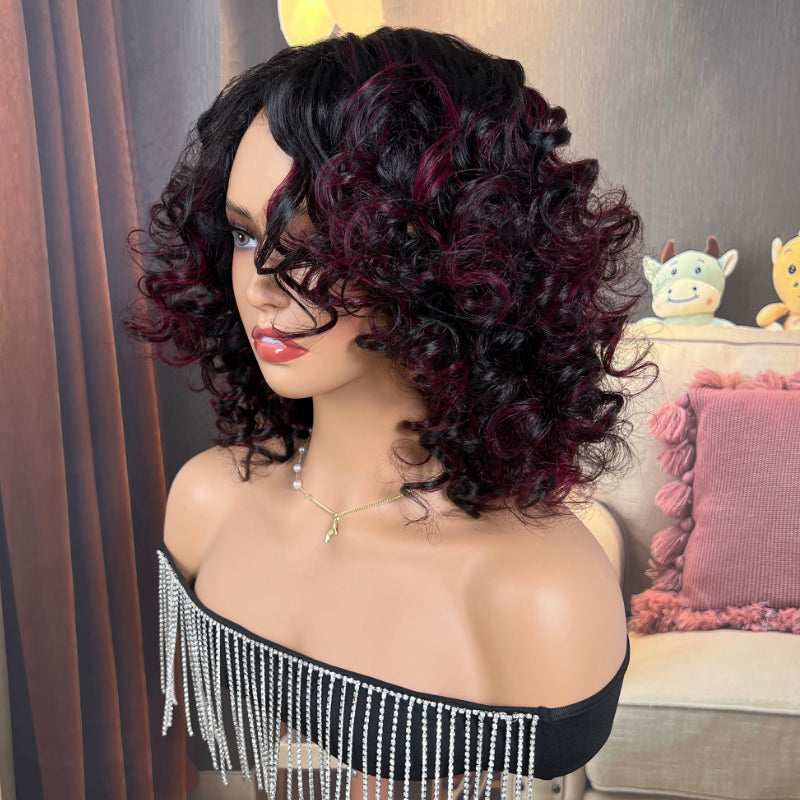 2 Wigs $99 Sunber Straight Bob With Bangs And Highlight Burgundy Bouncy Curl Wigs Flash Sale