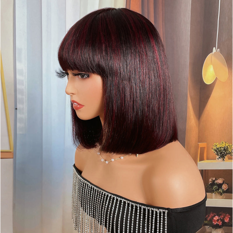 Sunber 99j Burgundy Highlights Straight Short Bob Glueless Wig With Bangs