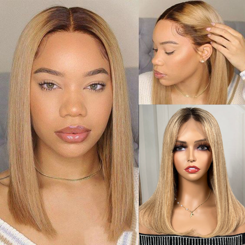 Sunber Ombre Honey Blonde 13x4 Lace Front Short Straight Bob Wig With Dark Roots