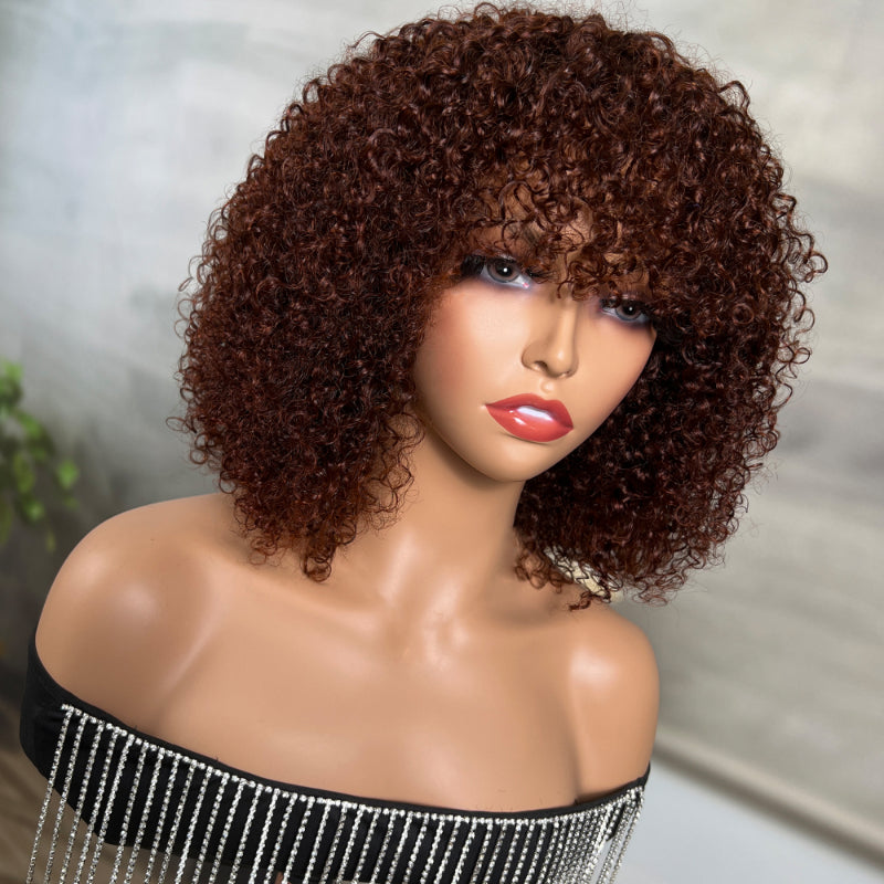 Sunber Reddish Brown Jerry curly Short Bob Wigs With Bang