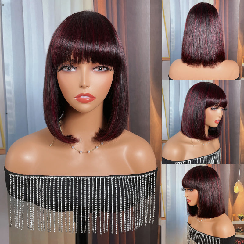 Sunber 99j Burgundy Highlights Straight Short Bob Glueless Wig With Bangs