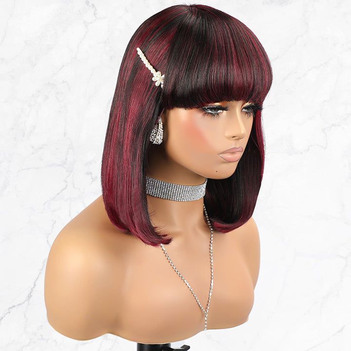 BOGO Sunber Mix Highlight Burgundy Bob Wig With Bangs