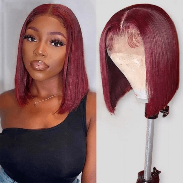 Sunber 99J Burgundy Color T Part Lace Front Wig Blunt Cut Bob Wigs