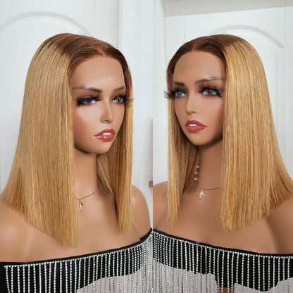 BOGO 180% Density Golden Blonde With Dark Roots T Part Lace Front Bob Wig Cost-effective Human Hair Wig