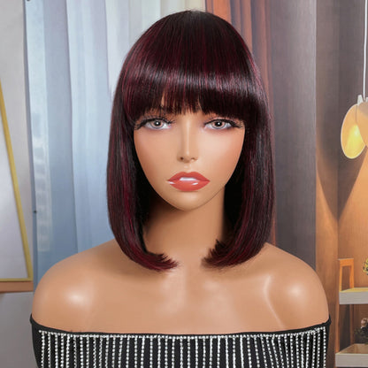 Sunber 99j Burgundy Highlights Straight Short Bob Glueless Wig With Bangs