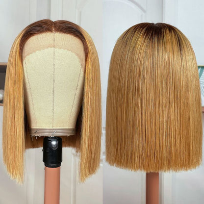 BOGO 180% Density Golden Blonde With Dark Roots T Part Lace Front Bob Wig Cost-effective Human Hair Wig