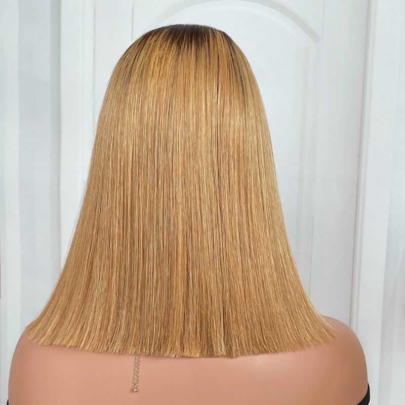 BOGO 180% Density Golden Blonde With Dark Roots T Part Lace Front Bob Wig Cost-effective Human Hair Wig