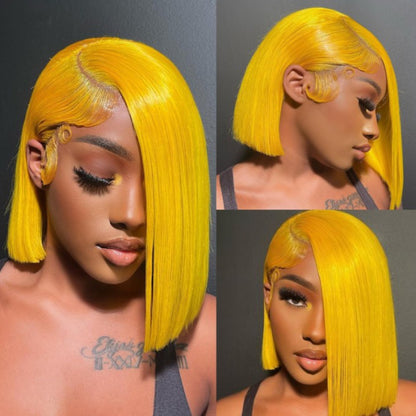 Flash Sale Sunber Lemon Yellow Straight Shoulder Length 13x4 Bob Lace Wig