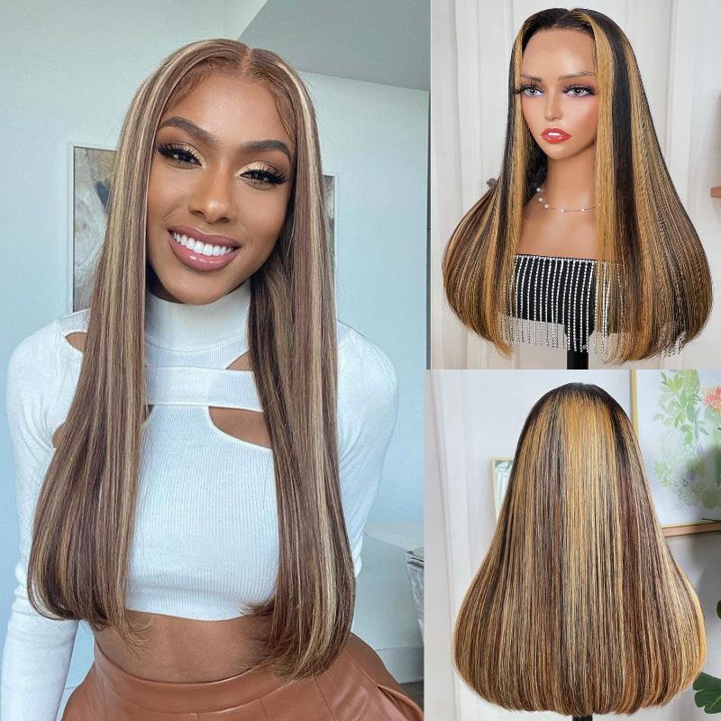 Flash Sale Sunber Money-piece With Chunky Highlights Long Straight Bob Wig 13X4 Lace Front Human Hair Wigs