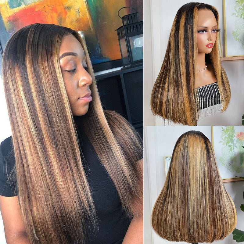 Flash Sale Sunber Money-piece With Chunky Highlights Long Straight Bob Wig 13X4 Lace Front Human Hair Wigs