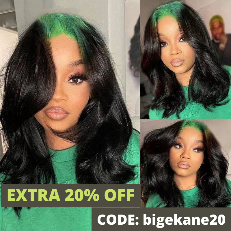 Sunber Sparkle Green Colored Roots Body Wave 13x4 Lace Frontal Wigs Skunk Stripe Human Hair Wigs