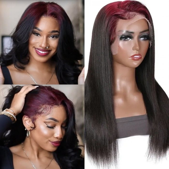 Sunber Sparkle Green Colored Roots Body Wave 13x4 Lace Frontal Wigs Skunk Stripe Human Hair Wigs