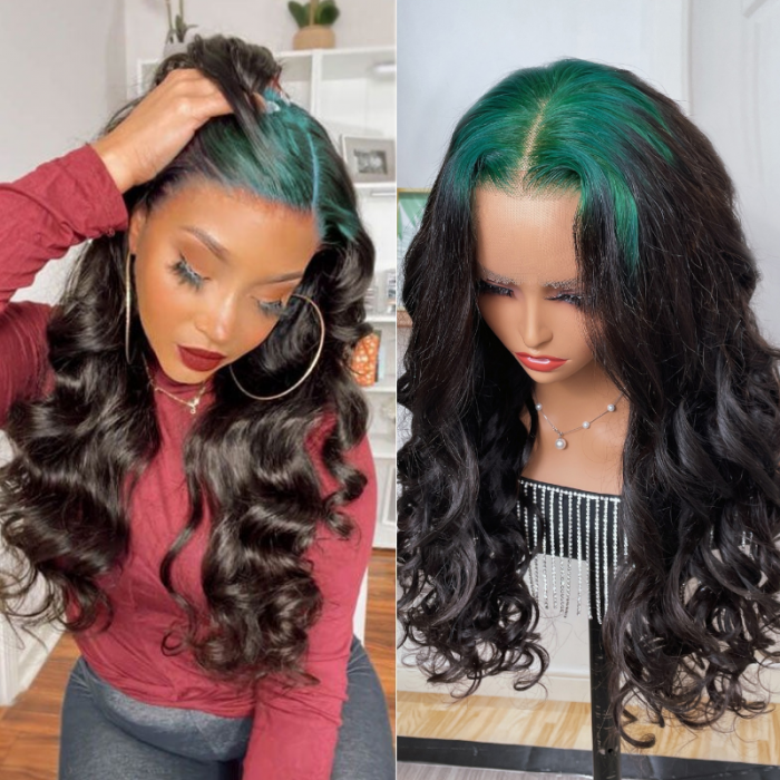 Sunber Sparkle Green Colored Roots Body Wave 13x4 Lace Frontal Wigs Skunk Stripe Human Hair Wigs