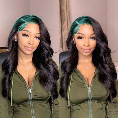 Sunber Sparkle Green Colored Roots Body Wave 13x4 Lace Frontal Wigs Skunk Stripe Human Hair Wigs