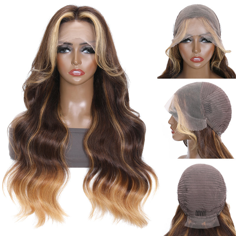 Sunber Cut Curtain Bangs Ombre Dark Brown with Blonde Highlights Lace Front Wig