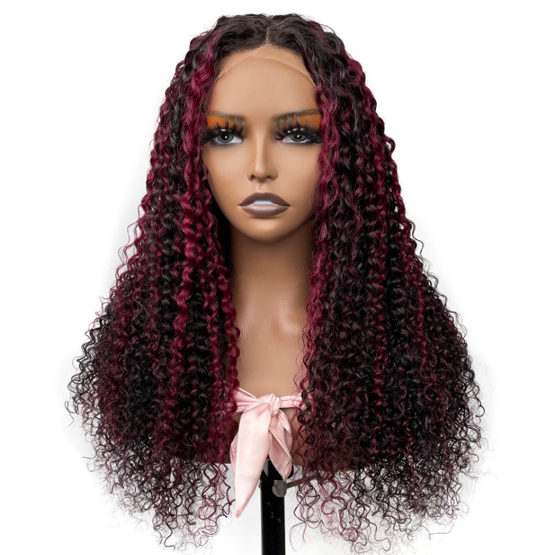 Flash Sale Sunber 180% Density 13x4 Lace Front Dark Burgundy With Rose Red Highlights Curly Wig