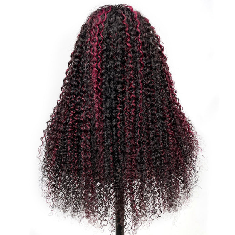 Flash Sale Sunber 180% Density 13x4 Lace Front Dark Burgundy With Rose Red Highlights Curly Wig