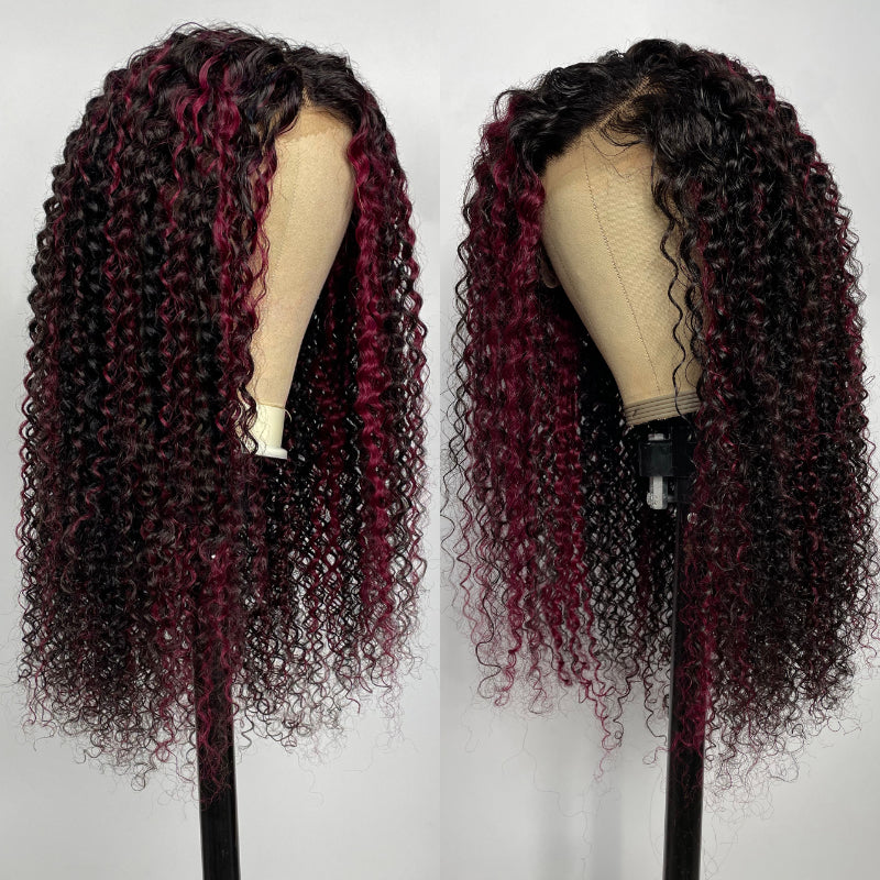 Flash Sale Sunber 180% Density 13x4 Lace Front Dark Burgundy With Rose Red Highlights Curly Wig