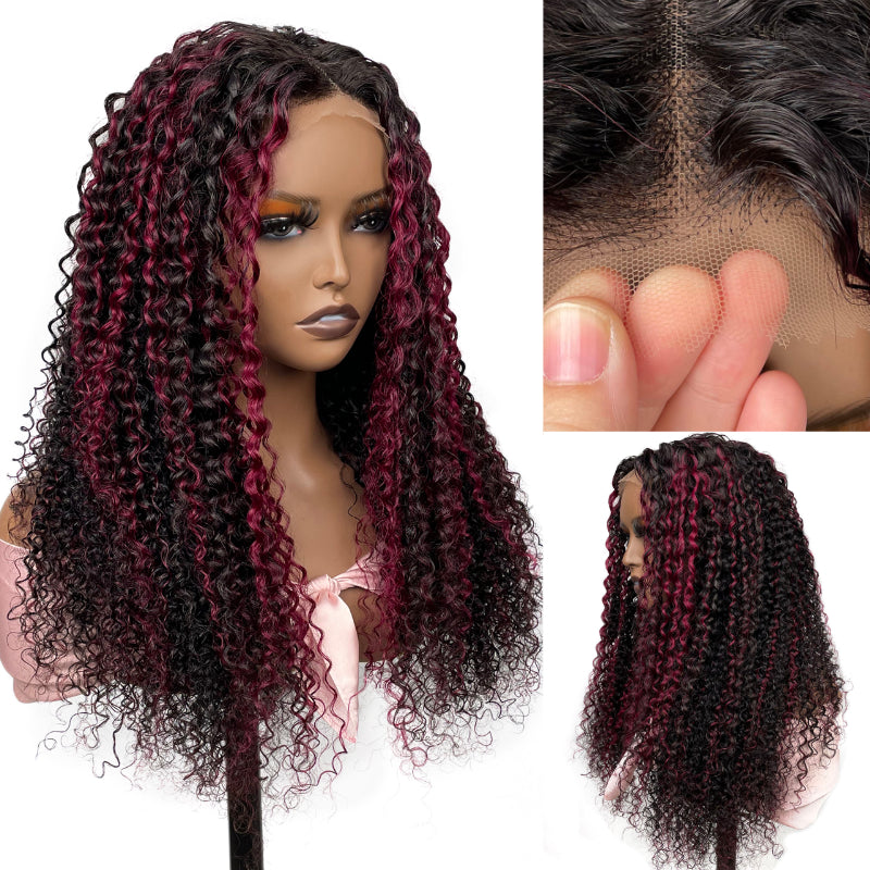 Flash Sale Sunber 180% Density 13x4 Lace Front Dark Burgundy With Rose Red Highlights Curly Wig