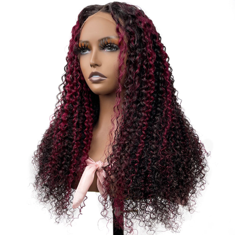 Flash Sale Sunber 180% Density 13x4 Lace Front Dark Burgundy With Rose Red Highlights Curly Wig