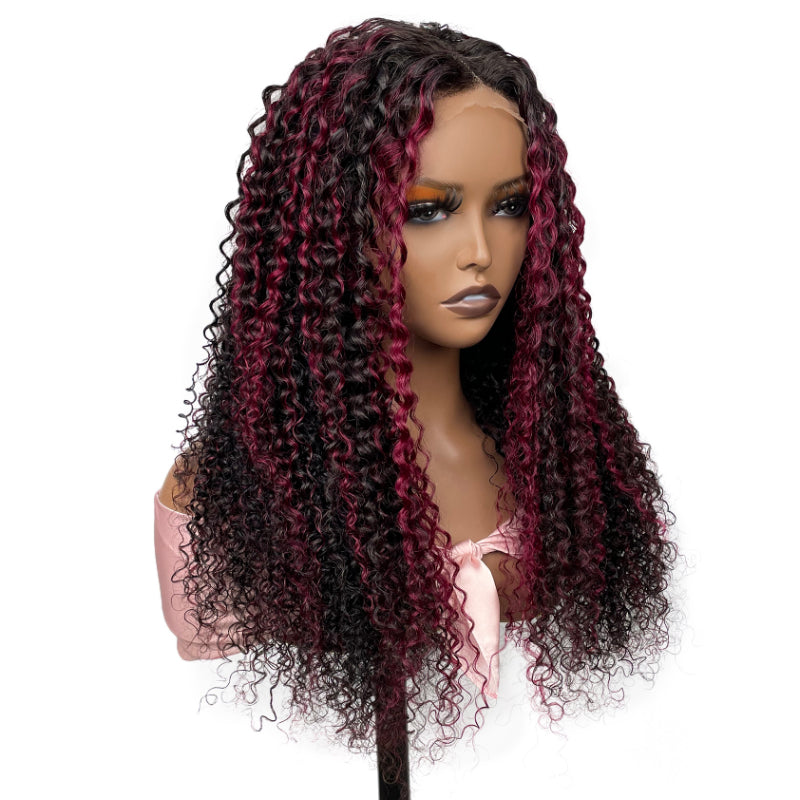 Flash Sale Sunber 180% Density 13x4 Lace Front Dark Burgundy With Rose Red Highlights Curly Wig