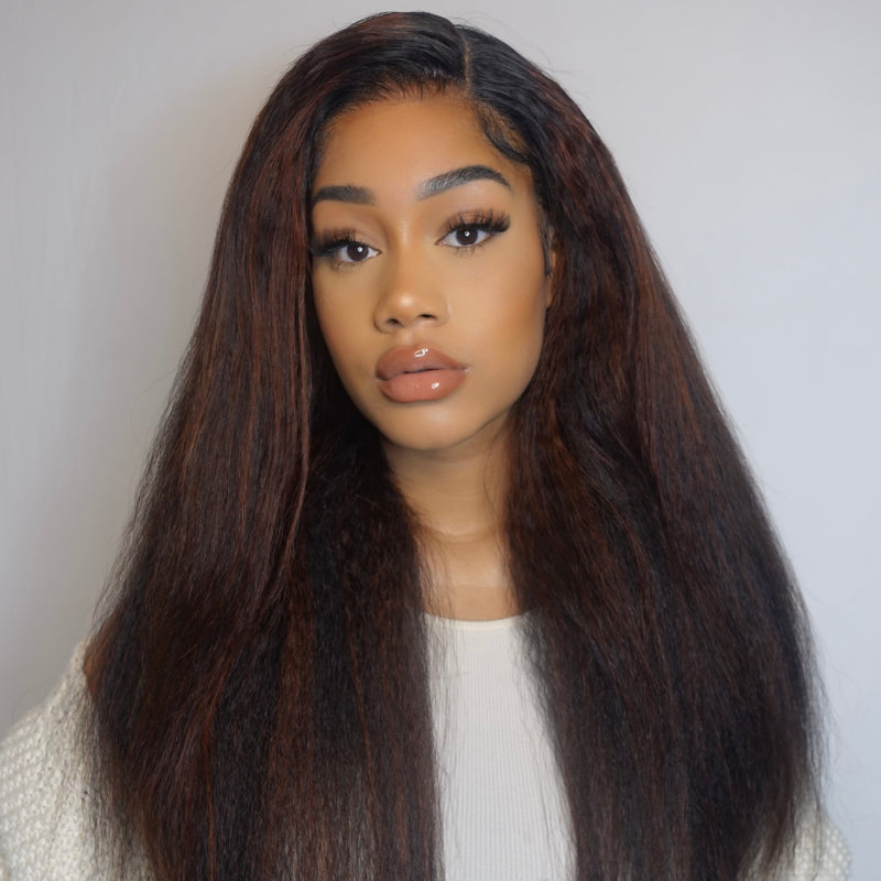 BOGO Sunber Reddish Brown Highlight 13x4 Lace Front Wig Kinky Straight Human Hair With Dark Roots