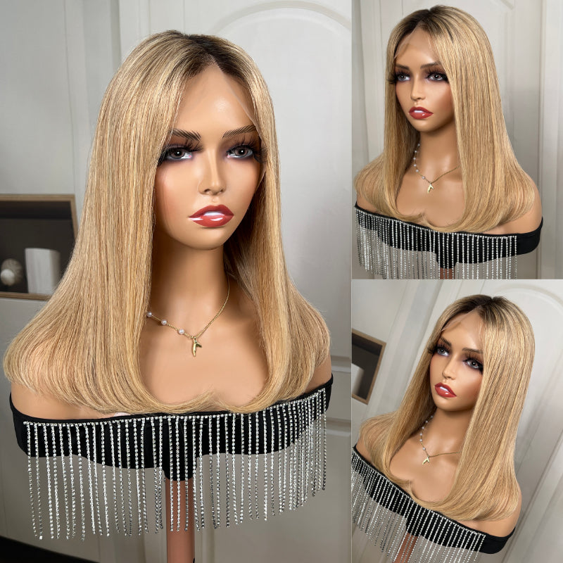 Sunber Ombre Honey Blonde 13x4 Lace Front Short Straight Bob Wig With Dark Roots