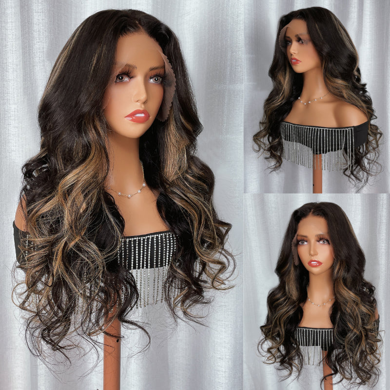 Sunber Chocolate Brown With Peek A Boo Blonde Highlights Lace Front Body Wave Wig