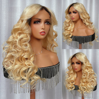 Sunber Hair Dark Roots Golden Color Loose Deep Wave 13x4 Lace Front Wigs 180% Density With Baby Hair