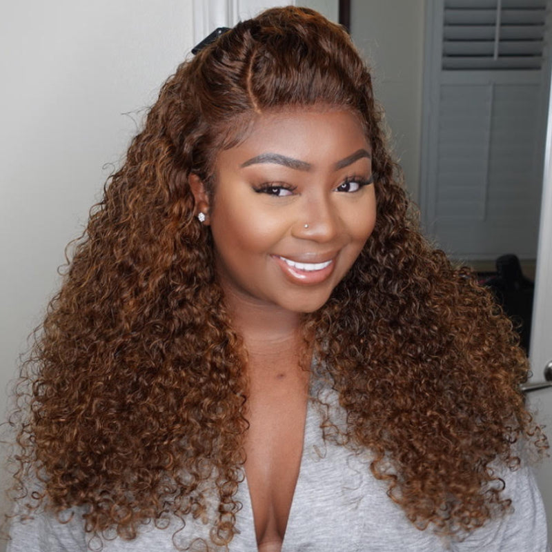 Flash Sale Sunber Piano Brown Highlight Jerry Curly 13X4 Lace Front Wigs